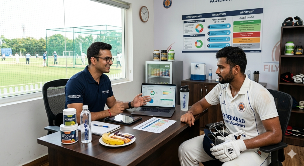 FitNutriPro Male Sports Nutritionist in Hyderabad providing specialized dietary counseling to a professional male cricketer