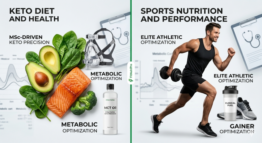 "A comprehensive clinical infographic visualizing FitNutriPro's dual expertise: MSc-driven Custom Keto Diets (with salmon, avocado, and metabolic charts) and Elite Sports Nutrition performance fueling (with athlete, protein shaker, and running shoe) in Hyderabad."