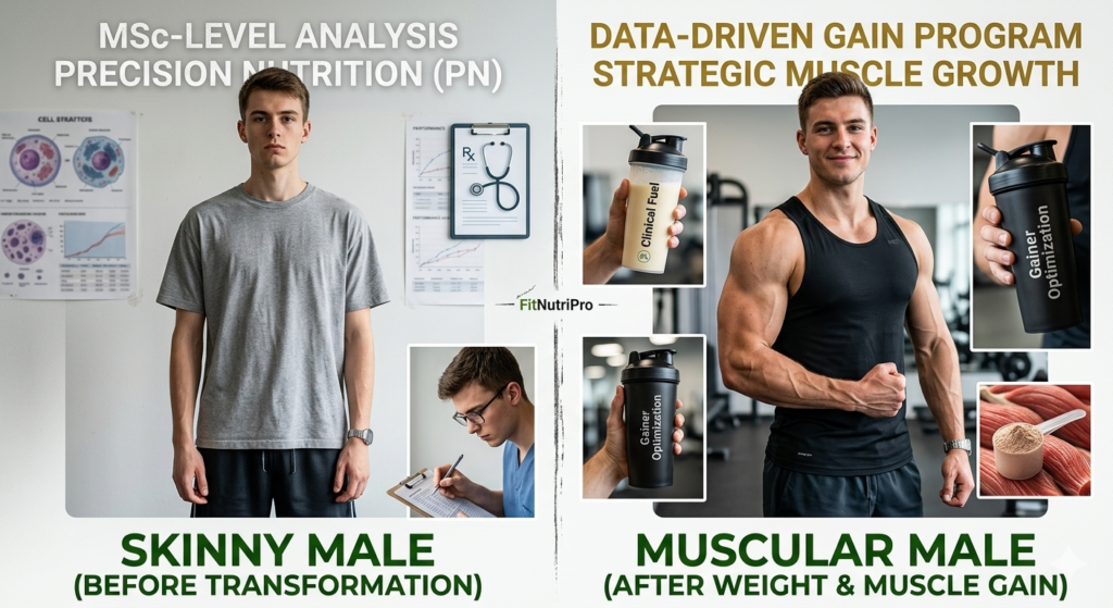 "A photorealistic clinical Case Study infographic detailing FitNutriPro's specialized 100% data-driven nutrition services: MSc-driven Custom Keto Diets (with fresh salmon and avocado), Clinical Weight Loss transformation (with belts and metabolic charts), Strategic Muscle Gain development (with dumbbell), and Elite Sports Nutrition performance (with athlete running and protein shaker). All programs are overseen by a specialized MSc Clinical Dietitian in Hyderabad."