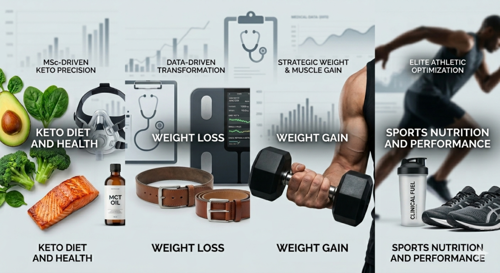 "A comprehensive health infographic detailing FitNutriPro's 100% data-driven clinical nutrition services: MSc-driven Custom Keto Diets (with fresh salmon and avocado), Clinical Weight Loss transformation (with belts and body analysis), Strategic Muscle Gain optimization (with dumbbell), and Elite Sports Nutrition performance (with athlete running and protein shaker). All programs are overseen by a specialized MSc Clinical Dietitian in Hyderabad."