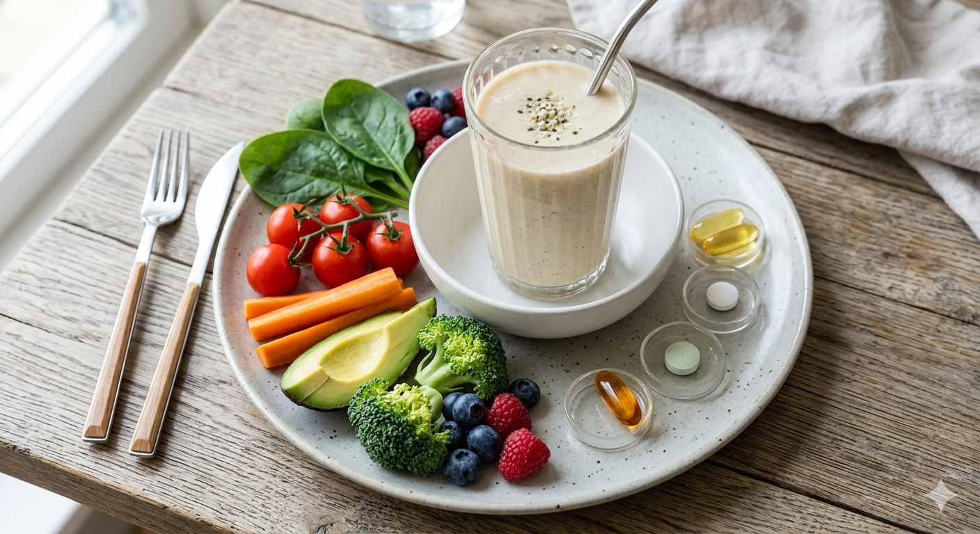 A balanced plate featuring fresh vegetables, fruits, an avocado half, a healthy smoothie (shake), and unbranded supplement capsules, shot from an overhead perspective."
