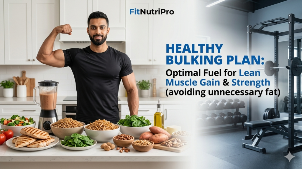 A composite image illustrating a FitNutriPro 'Healthy Bulking Plan.' The left side shows a muscular man in a kitchen with whole foods like grilled chicken, sweet potatoes, and pasta; the right side transitions into a gym with training equipment. The caption reads 'Optimal Fuel for Lean Muscle Gain & Strength (avoiding unnecessary fat).'