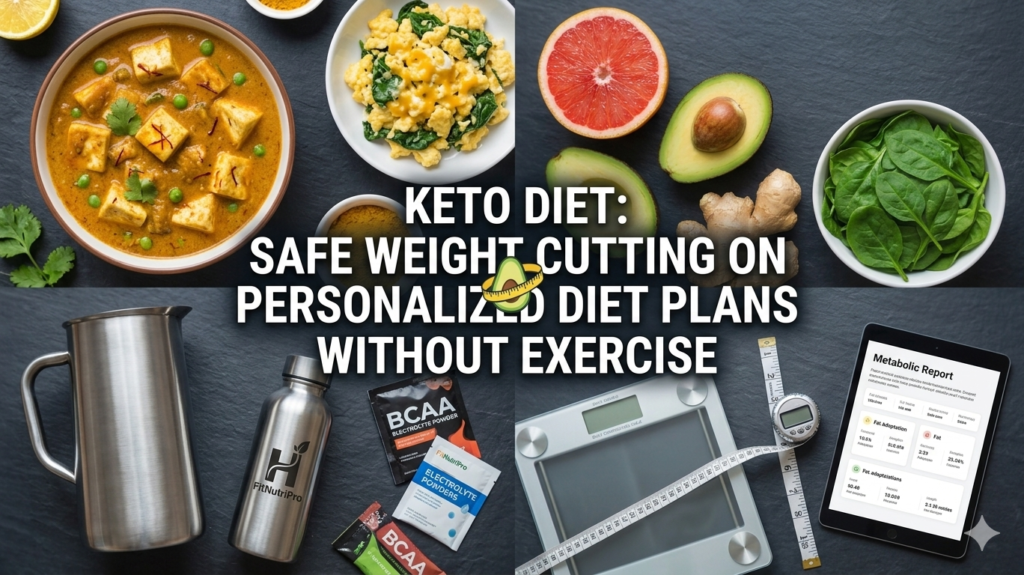 A high-quality, professional multi-quadrant photograph set on a dark slate background, designed for the FitNutriPro service. The composite image illustrates a "Keto Diet: Safe Weight Cutting on Personalized Diet Plans Without Exercise." The top-left features Keto-friendly Indian food (coconut paneer curry and scrambled egg); the top-right displays produce (grapefruit, avocado, spinach, ginger); the bottom-left shows hydration gear (pitcher, bottle, supplements); and the bottom-right highlights tracking data (digital body composition scale, digital measuring tape, and a tablet displaying a "Metabolic Report" on fat adaptation). No exercise equipment is shown, emphasizing a nutritional strategy.