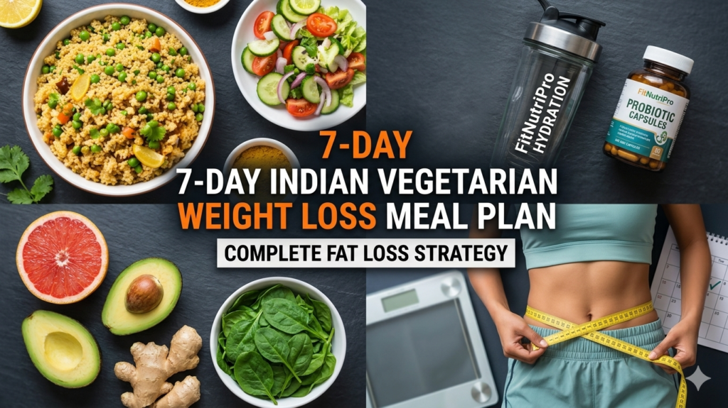 A four-quadrant composite image illustrating a '7-Day Indian Vegetarian Weight Loss Meal Plan.' The top-left shows portion-controlled Indian food; the bottom-right shows a woman's midsection with a measuring tape around her hip. The overall dark slate background style mirrors the complex structure seen in image_24.png, with other quadrants showing healthy produce (grapefruit, avocado, spinach, ginger), hydration (shaker bottle), and supplements (probiotics).