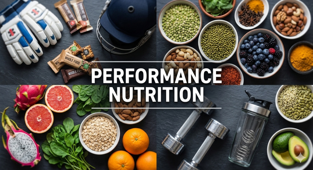 Top-down view of an athlete's nutrition kit including cricket gloves and helmet, fitness dumbbells, a protein shaker, and a variety of performance-enhancing whole foods.